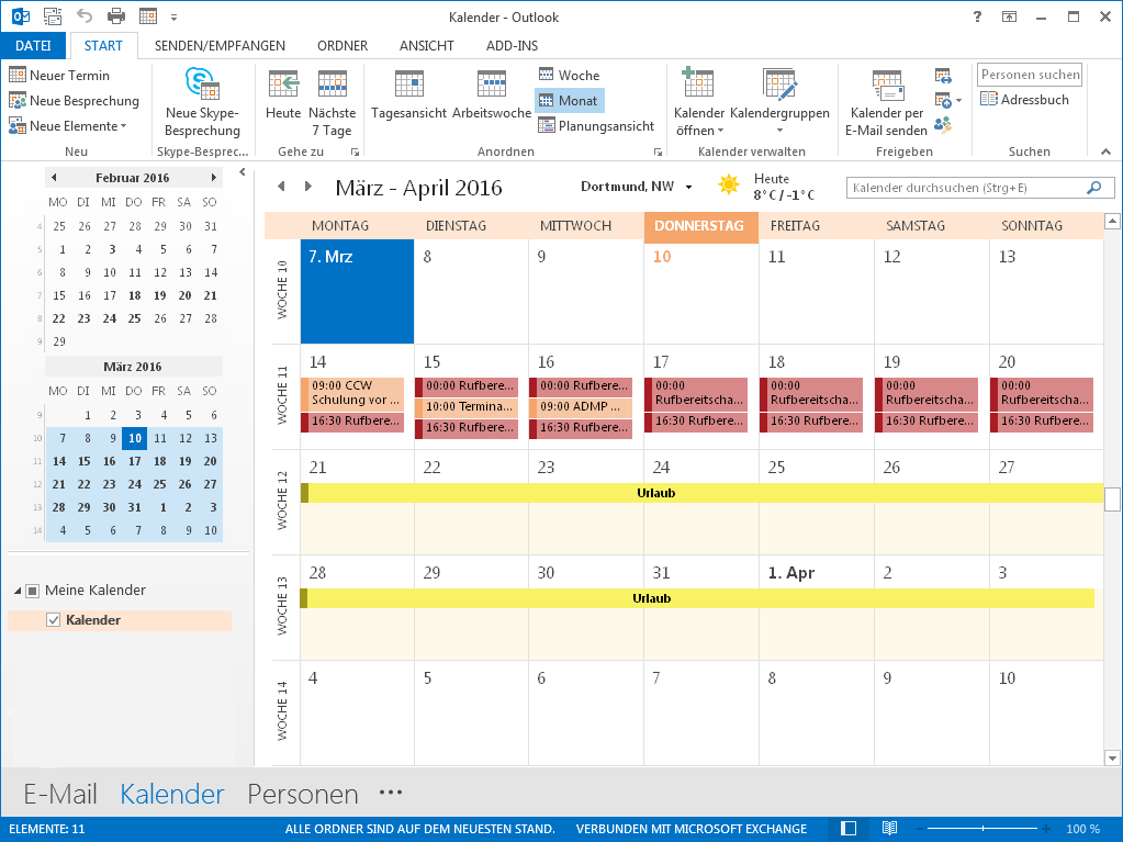 Detailansicht: Kalenderansicht in MS Outlook